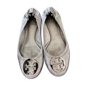 Tory Burch Women's Silver Leather Reva Ballet Flats Size 8